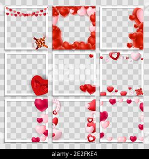 Empty Blank Photo Frame 3d set with Hearts Template for Media Post in Social Network for Valentine`s Day. Vector Illustration Stock Vector